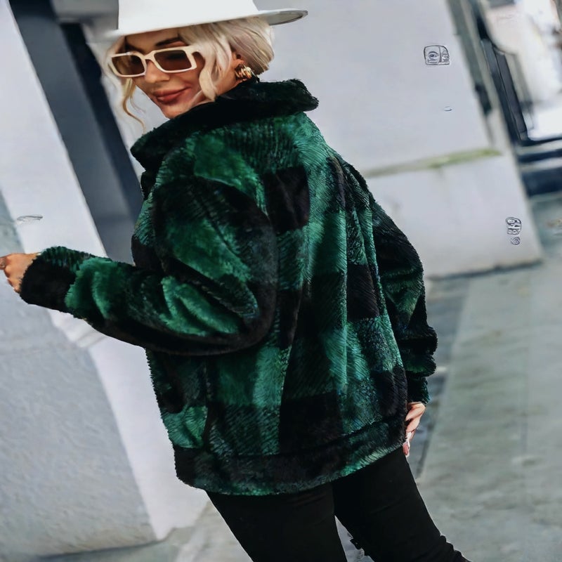 Fleece Lined Plaid Print Long Sleeve Stand Collar Mid-Length Zip Up Double Sided Faux Fur Jacket - Image 4