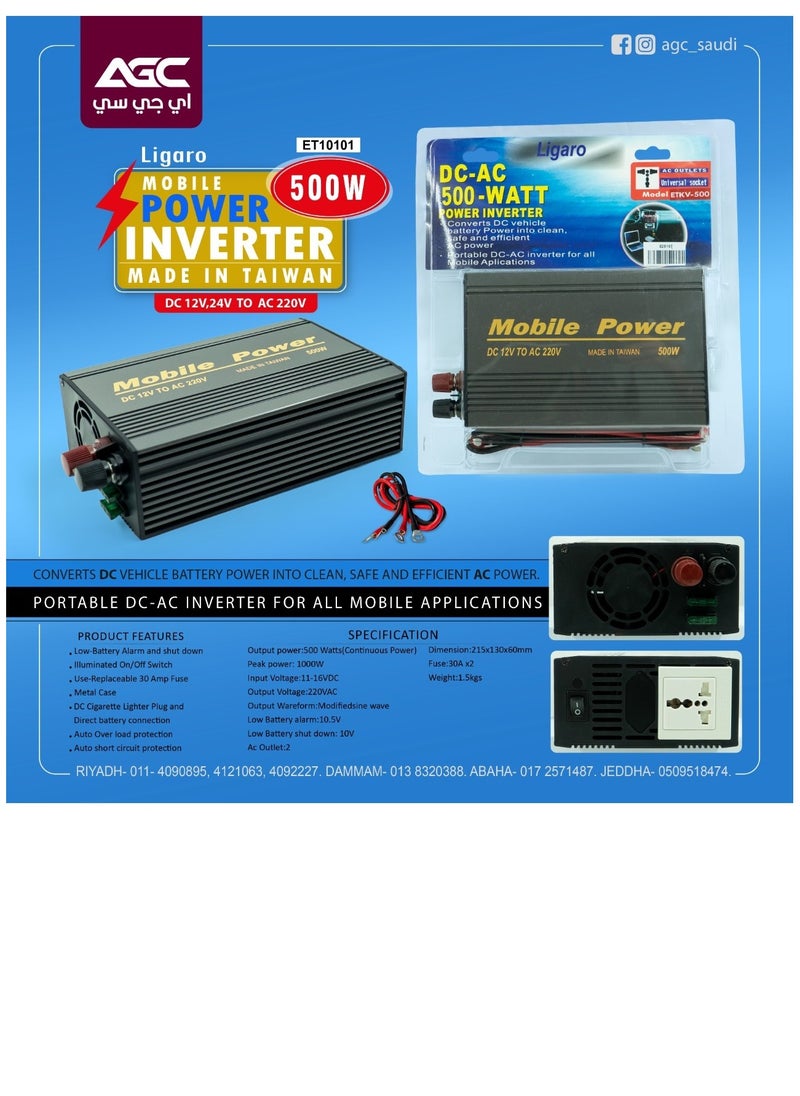 Agc AGC Power Inverter – High-Efficiency 500W Mobile Power Inverter DC 12V/24V to AC 220V  Converter for Home and Vehicle Use 
