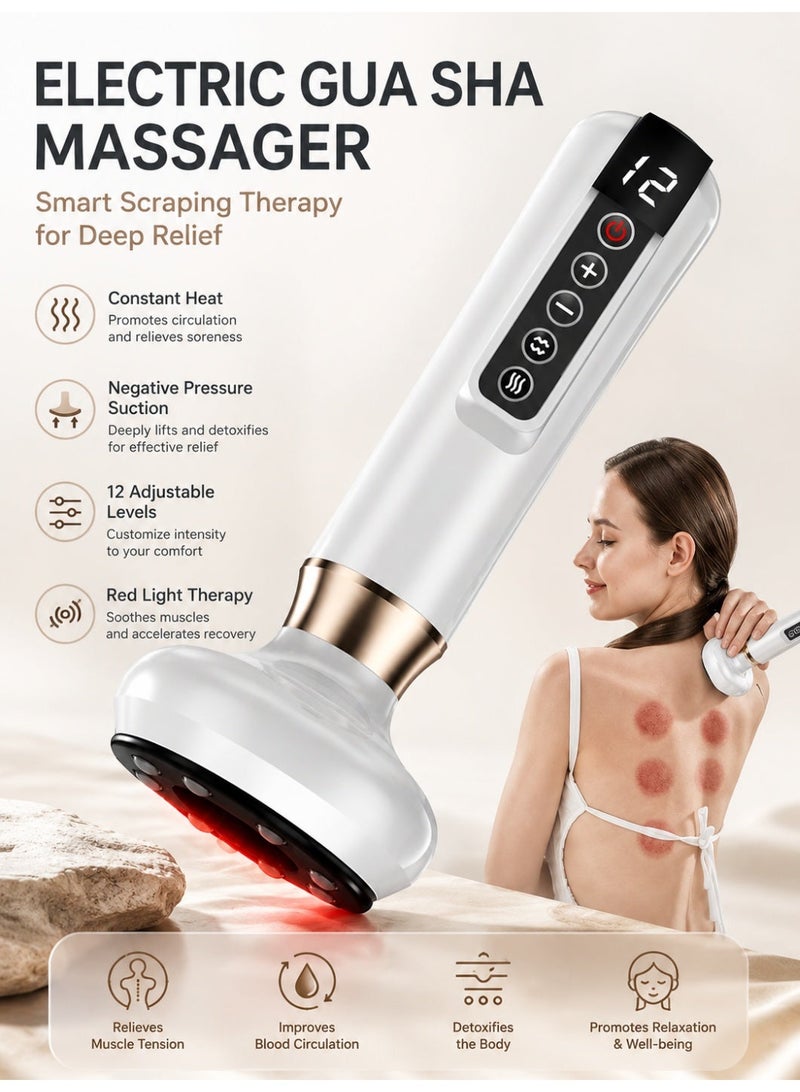 Ump Electric Gua Sha Massager, Stomach Fat Massager, Handheld Negative Pressure Cupping Therapy Device with Constant Heat & Red Light, 12 Adjustable Levels, Rechargeable Body Scraping Machine for Cellulite, Stomach Fat, Arms, Legs & Back (White) - Image 1