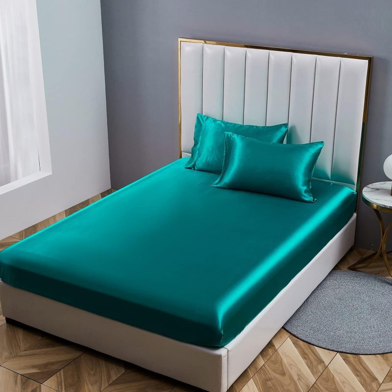 Satin Fitted Sheet 54*75in+14in 100% Woven Polyester Satin Fabric Cooling Breathable All-season - Wrinkle Hair-breakage Resistant Deep Pocket Sheet for Home Hotel Bedroom Gift Recipients - Image 1