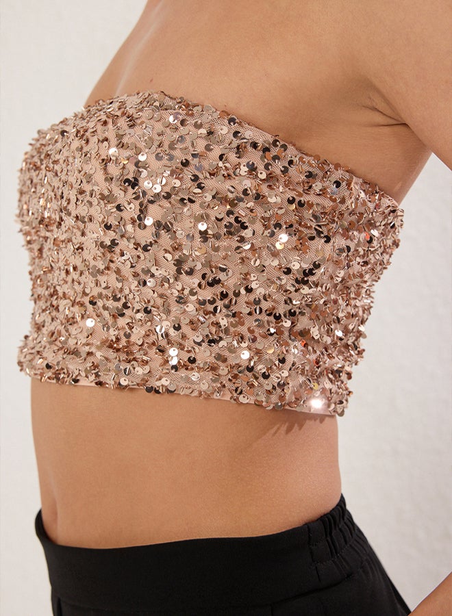 trendyol Gold Strapless Sequin Knitted Chic Bustier - Image 4