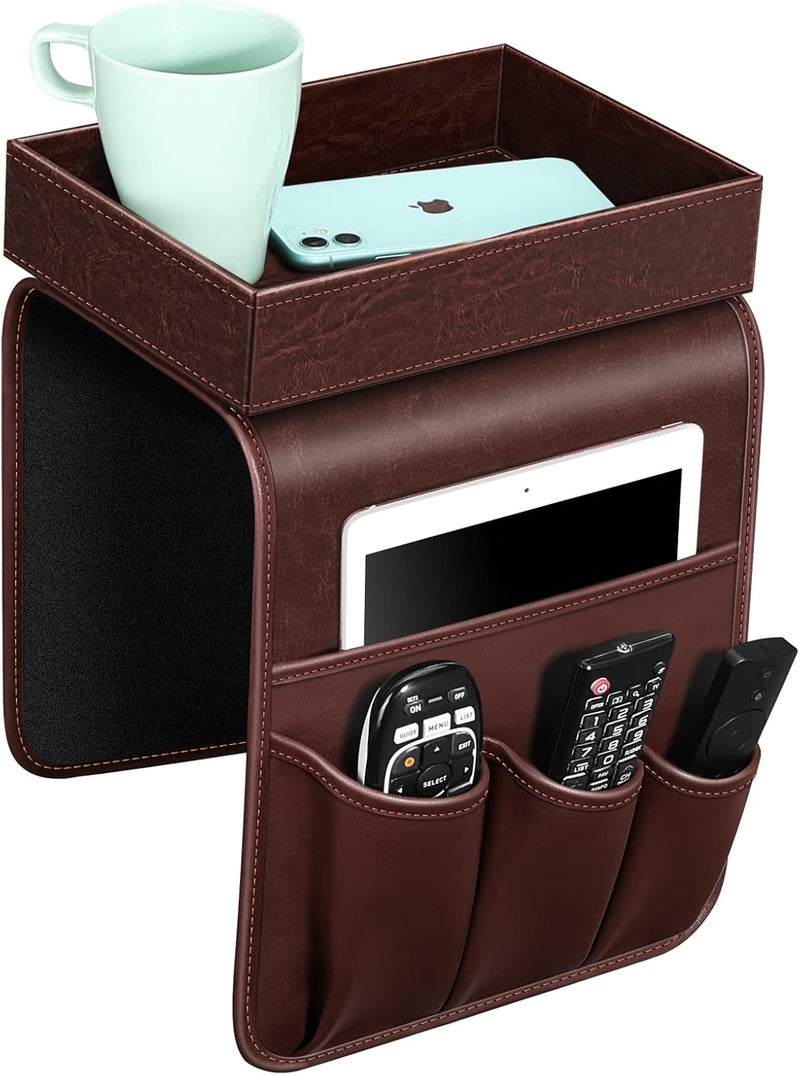 SITHON Sofa Remote Control Holder with Detachable Tray - [Non Slip] PU Leather Chair Couch Armrest Organizer Caddy with 5 Pockets for Magazines Phone iPad TV Remote Game Controller Eyeglasses (Brown) - Image 1
