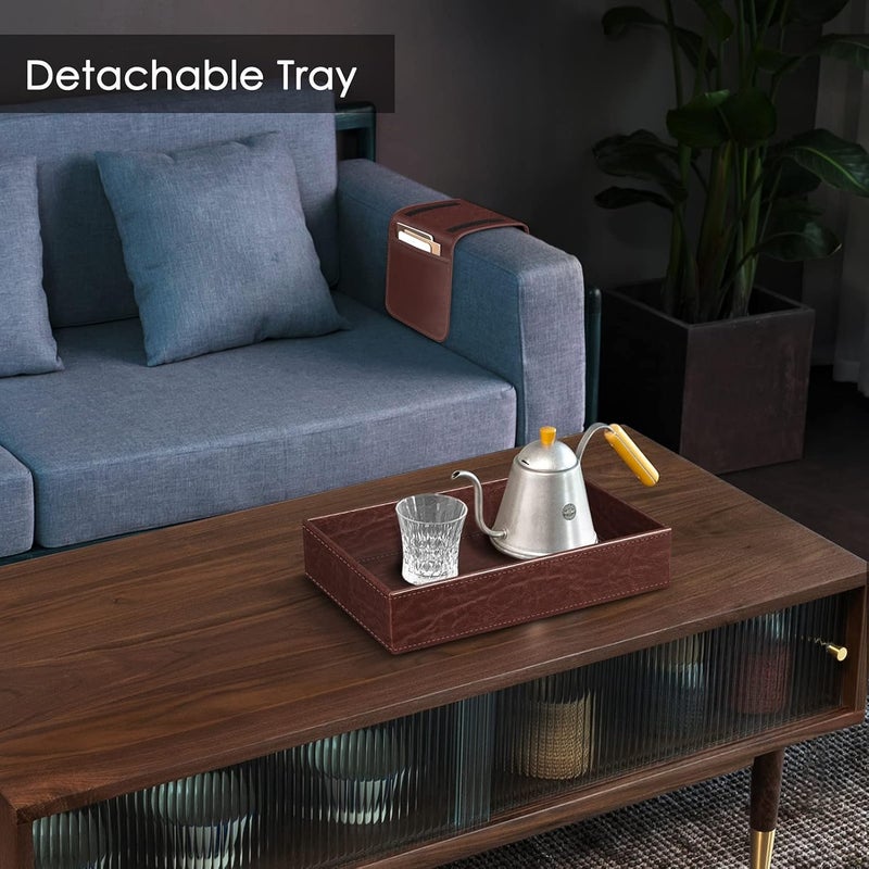 SITHON Sofa Remote Control Holder with Detachable Tray - [Non Slip] PU Leather Chair Couch Armrest Organizer Caddy with 5 Pockets for Magazines Phone iPad TV Remote Game Controller Eyeglasses (Brown) - Image 4