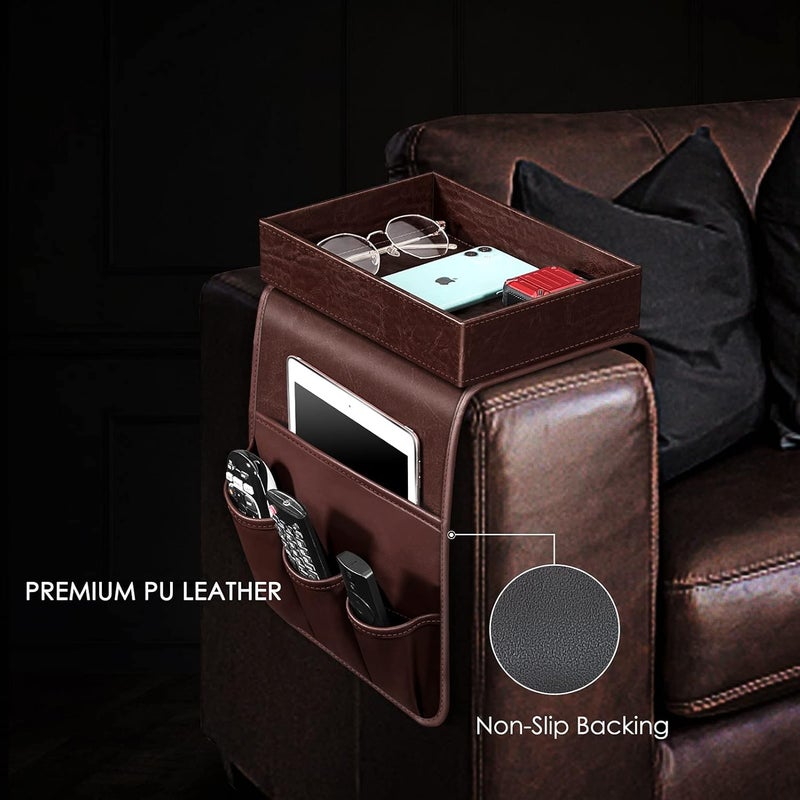 SITHON Sofa Remote Control Holder with Detachable Tray - [Non Slip] PU Leather Chair Couch Armrest Organizer Caddy with 5 Pockets for Magazines Phone iPad TV Remote Game Controller Eyeglasses (Brown) - Image 3