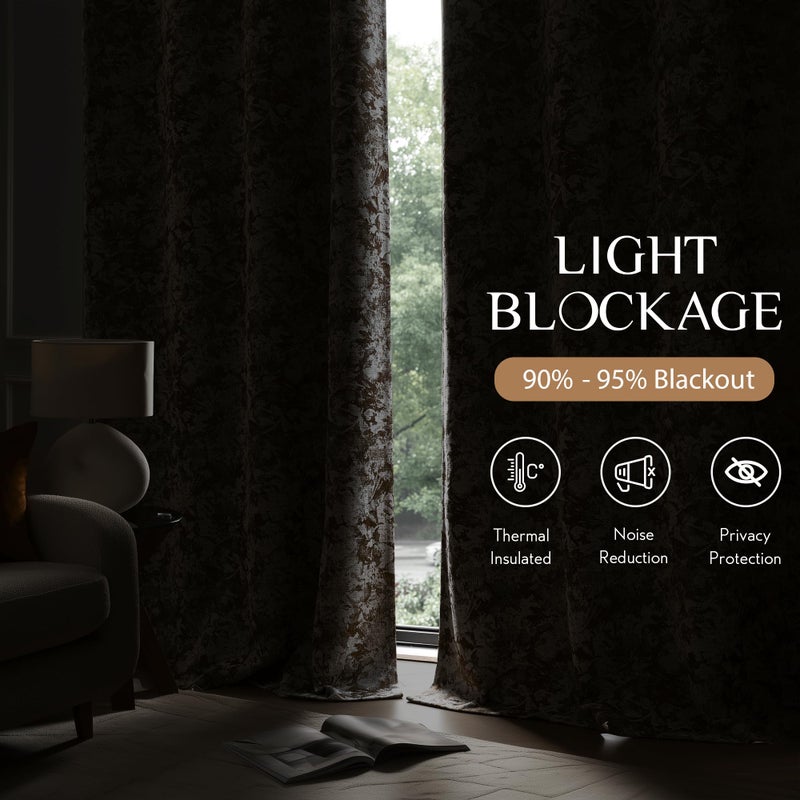 Beauoop Brown Floral Jacquard Blackout Curtains 96 Inches Long 2 Panels for Bedroom Living Room Chenille Flower Room Darkening Thermal Insulated Soundproof Grommet Window Treatments Drapes, 52x96 - Image 3