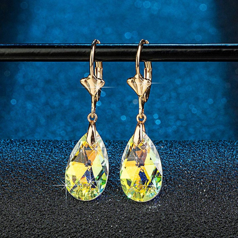 EVEVIC Austrian Crystal Teardrop Leverback Dangle Earrings for Women Fashion 14K Gold Plated Hypoallergenic Jewelry (Aurora Borealis) - Image 3