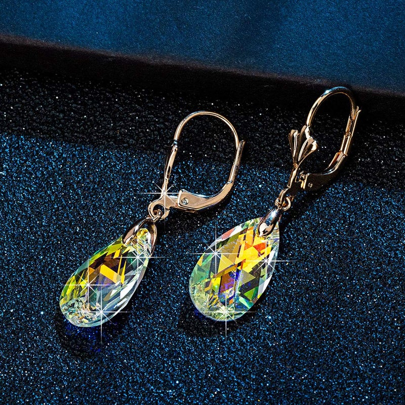 EVEVIC Austrian Crystal Teardrop Leverback Dangle Earrings for Women Fashion 14K Gold Plated Hypoallergenic Jewelry (Aurora Borealis) - Image 5