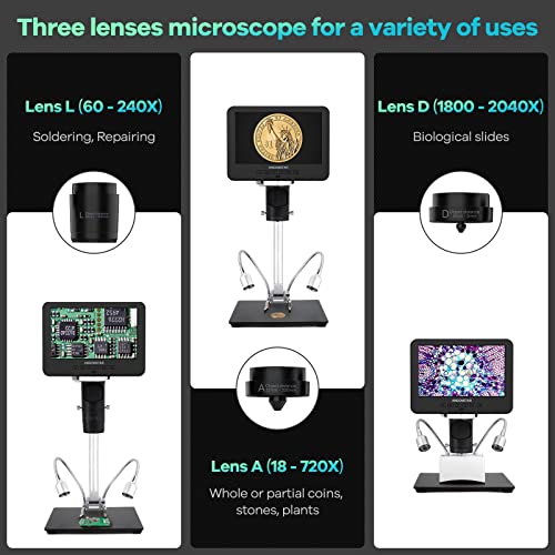 Andonstar AD246S-M HDMI Digital Microscope 2000x for Adults, 3 Lens 2160P UHD Video Record, 7 Inch LCD Soldering Microscope for Electronics Repair, Error Coins, Pro Boom Arm Stand, Windows Compatible - Image 2