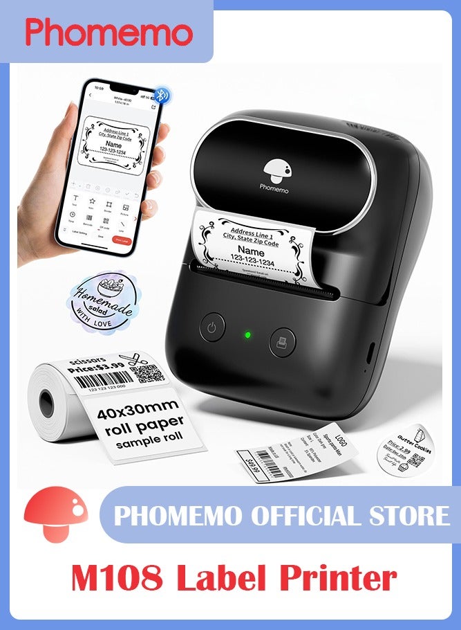 phomemo M108 Label Maker - Bluetooth Address Label Makers for Small Business, Home, Office, 2 Inch Barcode Label Printer with 300+ Templates, Sticker Printer for Address/Logo/Clothing Label, Black - Image 1