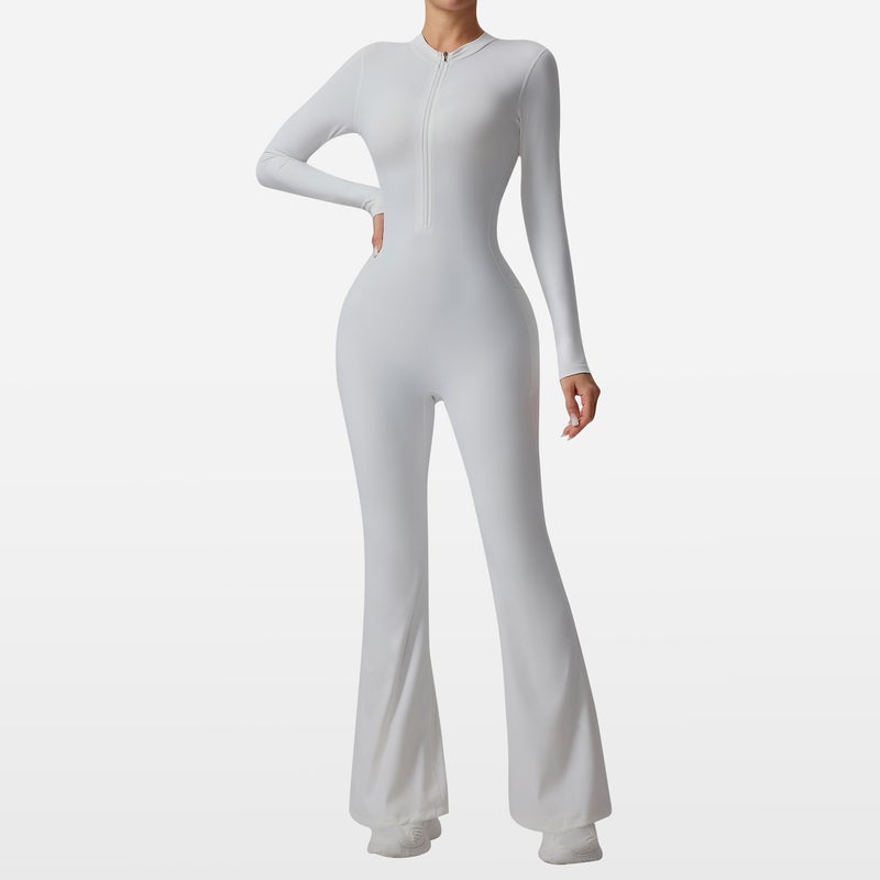 Sleek Zip-up Yoga Jumpsuit with Flare Pants White/White [with side pocket]]