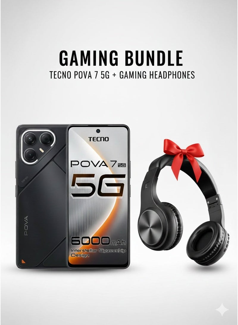 TECNO Pova 7 Dual SIM Geek Black 8GB 256GB 5G - Middle East Version & Riversong Rhythm L EA33 Wireless & Wired Headphones – Bluetooth 5.0, 3.5mm Audio Cable, 500mAh Battery, Up to 10 Hours Playtime, High Quality Sound – Black Bundle - Image 1