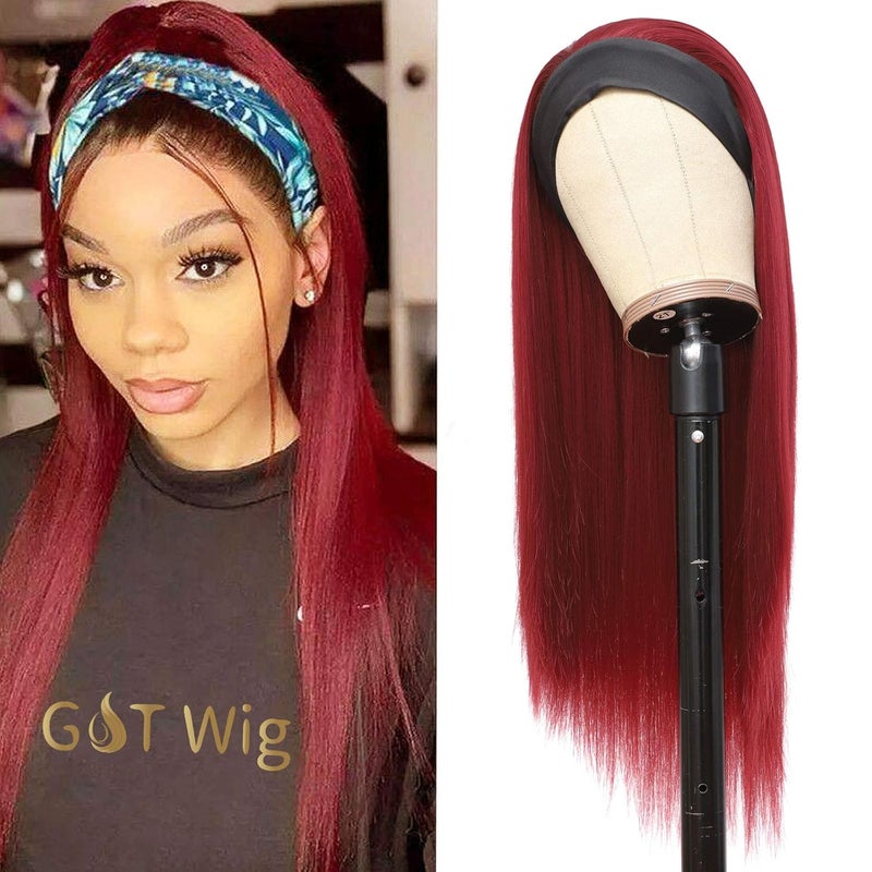 G&T Wig GT Headband Wigs for Black Women Red Straight Glueless Wigs Heat Resistant Synthetic Wig for Daily Party Use 24 inch