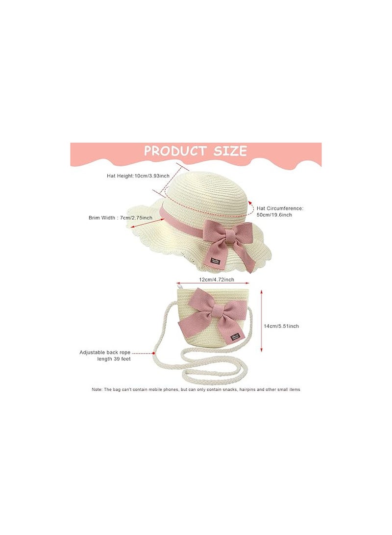 Snowie Soft SNOWIE SOFT PALAY®Summer Straw Hat for Girls Kids Hat Ruffled Brim Sun Straw Bow Beach Hats with Straw Woven Zipper Pouch for Girls 4-6 Years Old Travel Outdoor, Beige  - Image 1