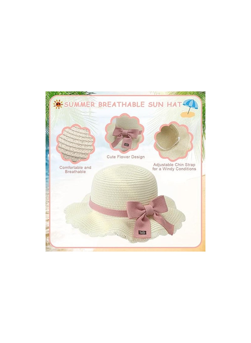 Snowie Soft SNOWIE SOFT PALAY®Summer Straw Hat for Girls Kids Hat Ruffled Brim Sun Straw Bow Beach Hats with Straw Woven Zipper Pouch for Girls 4-6 Years Old Travel Outdoor, Beige  - Image 2