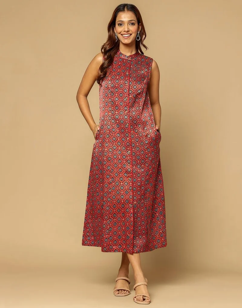Fabindia Red Viscose Blend Ajrakh Printed Midi Dress