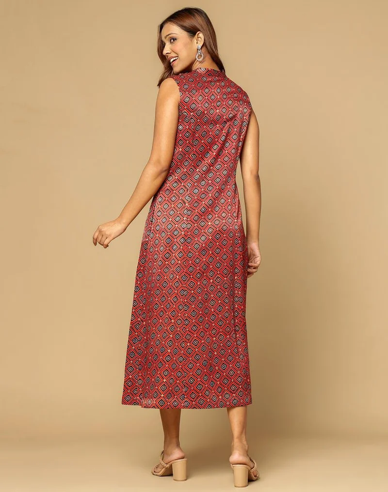 Fabindia Red Viscose Blend Ajrakh Printed Midi Dress