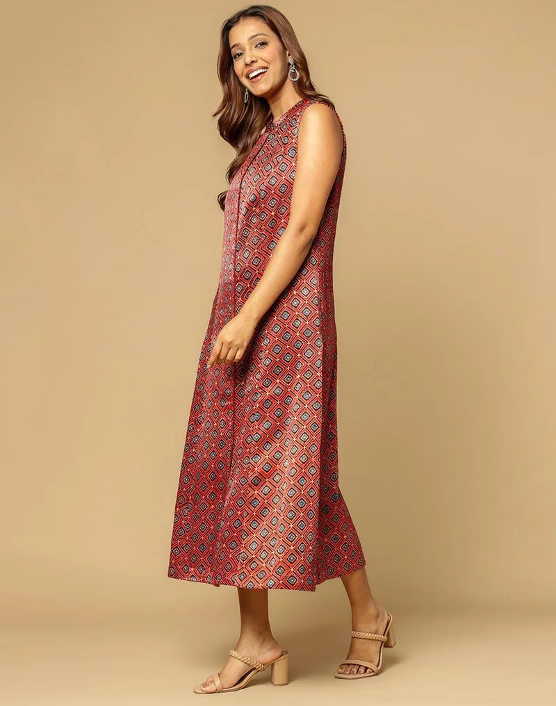 Fabindia Red Viscose Blend Ajrakh Printed Midi Dress