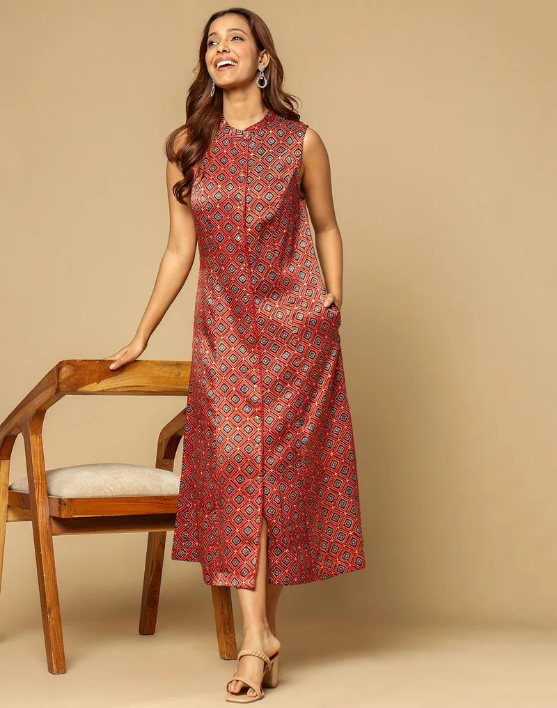 Fabindia Red Viscose Blend Ajrakh Printed Midi Dress