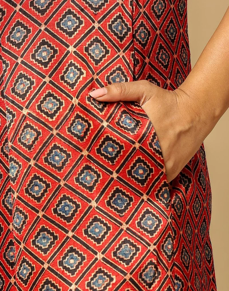 Fabindia Red Viscose Blend Ajrakh Printed Midi Dress