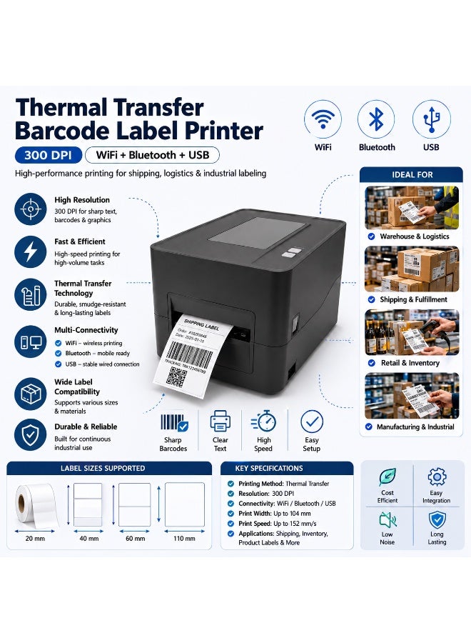 HT-500 Industrial Direct Thermal Barcode Printer 300DPI USB WiFi Bluetooth for Courier & Logistics Labels - Image 4