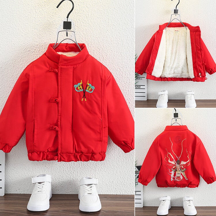 Boys' Fleece-Lined Flag-Winning Coat Clothes Children'S Thickened Warm Annual Clothes Baby Winter National Fashion Top - Image 1