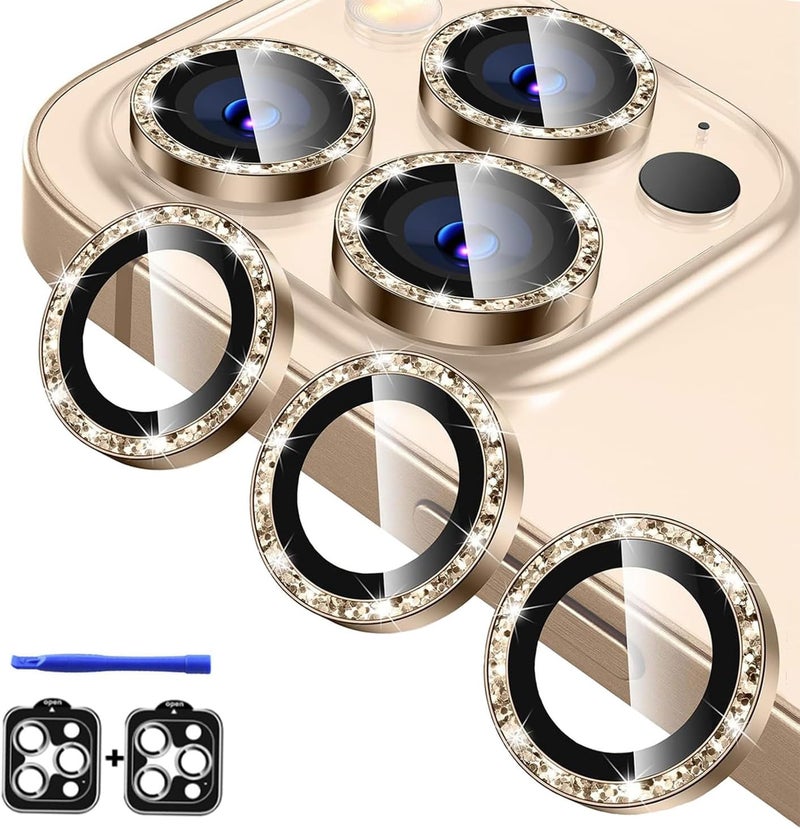 KEKBOXQ 3X2 Pack Camera Lens Protector for iPhone 15 Pro Max,iPhone 15 Pro/iPhone 14 Pro Max/iPhone 14 Pro Tempered Glass Lens Screen Protector Camera Cover Metal Individual Ring,Glitter Gold - Image 1