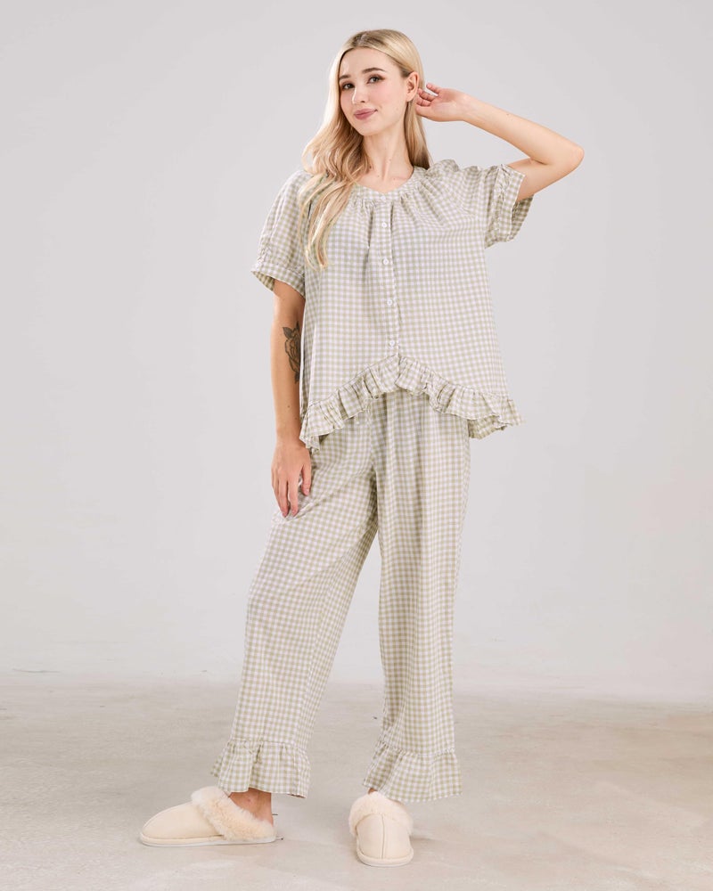 codcm Womens Gingham Pajama Set 2 Piece Short Sleeve Babydoll Shirt and Pants Lounge Set Cute Sleepwear(Light Yellow,Medium) - Image 4