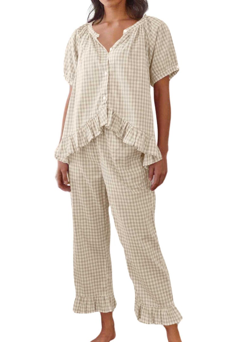 codcm Womens Gingham Pajama Set 2 Piece Short Sleeve Babydoll Shirt and Pants Lounge Set Cute Sleepwear(Light Yellow,Medium) - Image 1