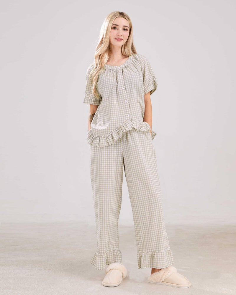 codcm Womens Gingham Pajama Set 2 Piece Short Sleeve Babydoll Shirt and Pants Lounge Set Cute Sleepwear(Light Yellow,Medium) - Image 2