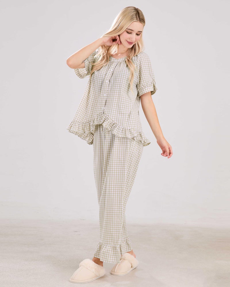codcm Womens Gingham Pajama Set 2 Piece Short Sleeve Babydoll Shirt and Pants Lounge Set Cute Sleepwear(Light Yellow,Medium) - Image 3