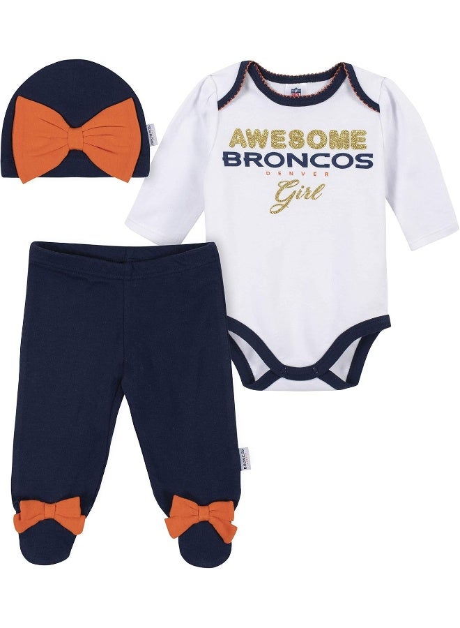 Gerber NFL Baby Girls 3 Pack Bodysuit Footed Pant and Cap Set  - Image 1