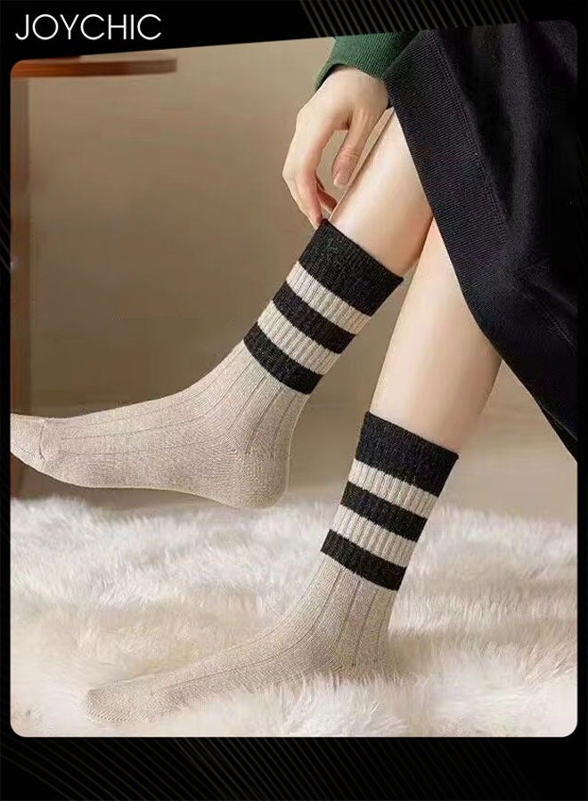 Joychic 5 أزواج من جوارب النساء المتوسطة الطول الكاجوال المخططة الرجعية، جوارب دافئة من القطن للسيدات في الخريف والشتاء - Image 2