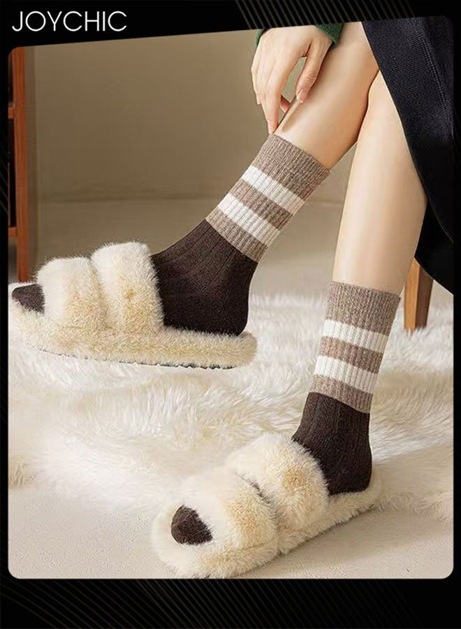Joychic 5 أزواج من جوارب النساء المتوسطة الطول الكاجوال المخططة الرجعية، جوارب دافئة من القطن للسيدات في الخريف والشتاء - Image 3