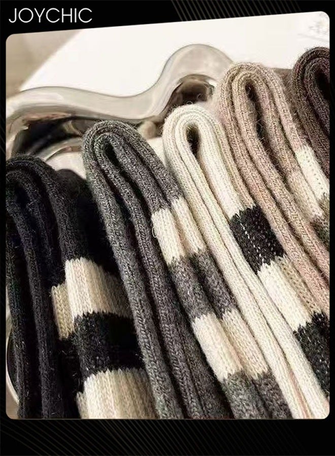 Joychic 5 أزواج من جوارب النساء المتوسطة الطول الكاجوال المخططة الرجعية، جوارب دافئة من القطن للسيدات في الخريف والشتاء - Image 4