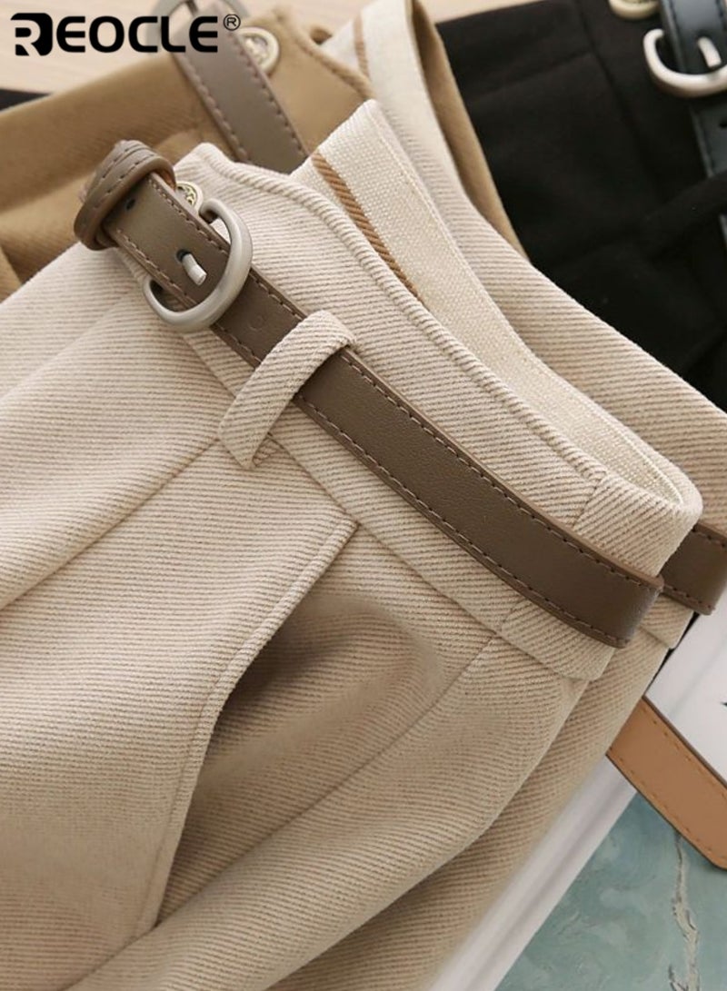 ريوكل سروال عالي الخصر للنساء مع قماش مزيج من الصوف وتصميم ساق مستقيم بطول الكاحل، سروال رسمي مريح للارتداء في فصل الخريف والشتاء - Image 5