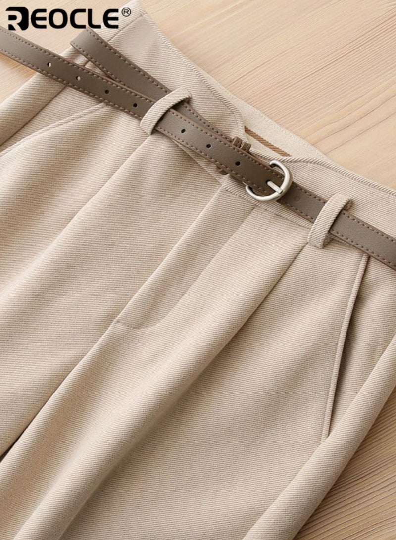 ريوكل سروال عالي الخصر للنساء مع قماش مزيج من الصوف وتصميم ساق مستقيم بطول الكاحل، سروال رسمي مريح للارتداء في فصل الخريف والشتاء - Image 4