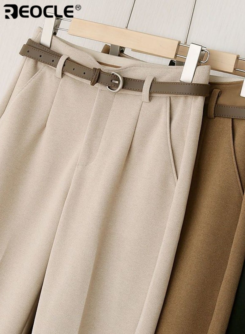 ريوكل سروال عالي الخصر للنساء مع قماش مزيج من الصوف وتصميم ساق مستقيم بطول الكاحل، سروال رسمي مريح للارتداء في فصل الخريف والشتاء - Image 2
