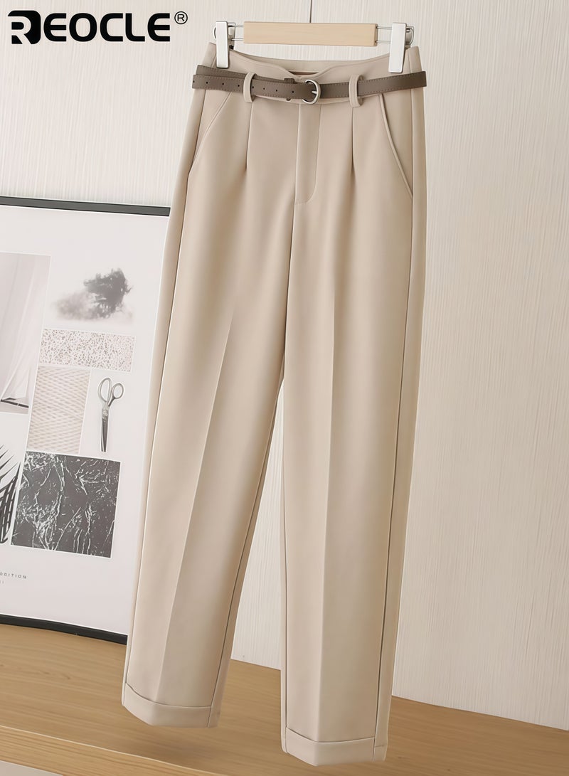 ريوكل سروال عالي الخصر للنساء مع قماش مزيج من الصوف وتصميم ساق مستقيم بطول الكاحل، سروال رسمي مريح للارتداء في فصل الخريف والشتاء - Image 1