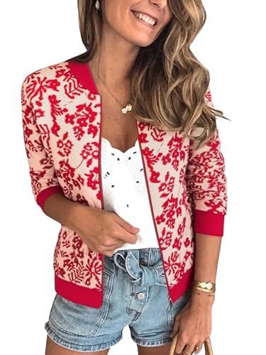 ECOWISH Women's Casual Floral Zip Up Bomber Jacket Coat Lightweight Short Camo No Lining Outwear Tops Thin Outfit with Pocket 3303 Red Small - Image 1