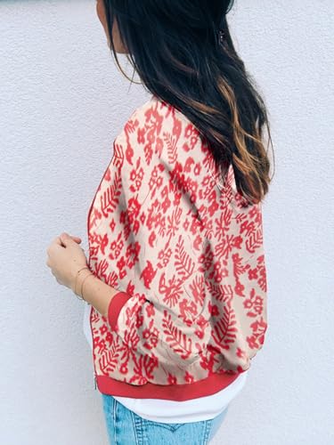 ECOWISH Women's Casual Floral Zip Up Bomber Jacket Coat Lightweight Short Camo No Lining Outwear Tops Thin Outfit with Pocket 3303 Red Small - Image 3