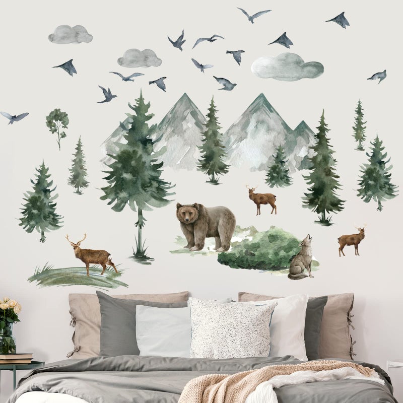 Prabahdak Woodland Nursery Wall Stickers Watercolor Mountain Tree Wall Decal Jungle Trees Animals Home Decals Sticker DIY Cartoon Deer Bear Wolf Forest Animal Home Sticker for Kids Room Bedroom Nursery Decor - Image 5