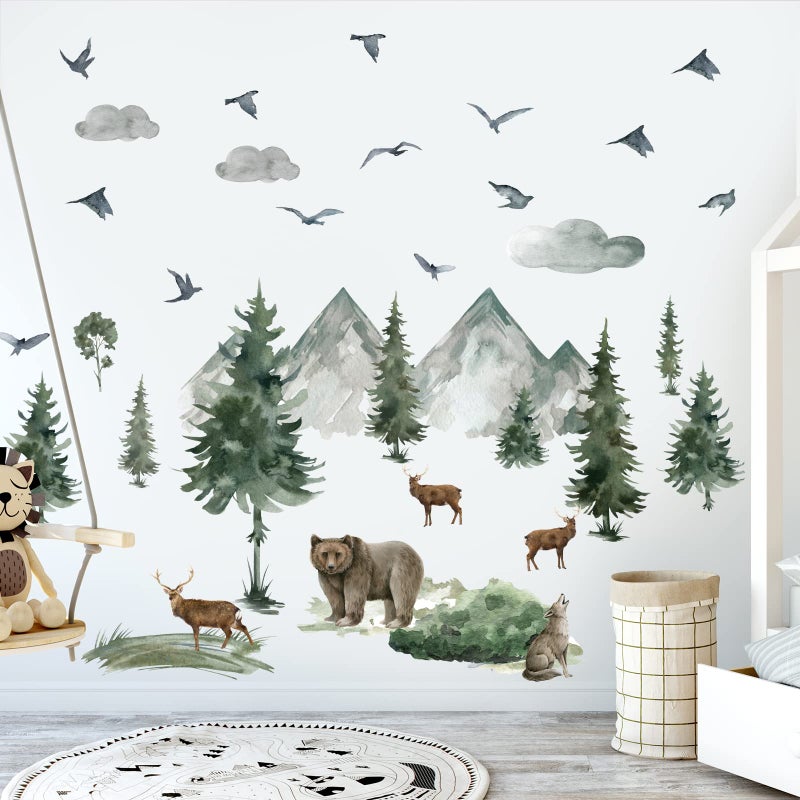 Prabahdak Woodland Nursery Wall Stickers Watercolor Mountain Tree Wall Decal Jungle Trees Animals Home Decals Sticker DIY Cartoon Deer Bear Wolf Forest Animal Home Sticker for Kids Room Bedroom Nursery Decor - Image 1
