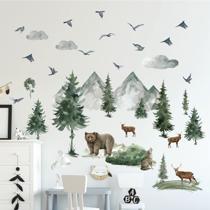 Prabahdak Woodland Nursery Wall Stickers Watercolor Mountain Tree Wall Decal Jungle Trees Animals Home Decals Sticker DIY Cartoon Deer Bear Wolf Forest Animal Home Sticker for Kids Room Bedroom Nursery Decor - Image 2