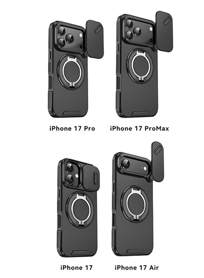 كيس جراب كاميرا منزلق لهاتف iPhone 17 Pro وiPhone 17 Pro Max وiPhone 17 وiPhone 17 Air، ملمس ناعم، MagSafe مغناطيسي، حامل حلقي دوار 360 درجة، أربع وسائد هوائية، زوايا مرتفعة قليلاً للحماية من الصدمات، أسود (جراب واحد) - Image 2