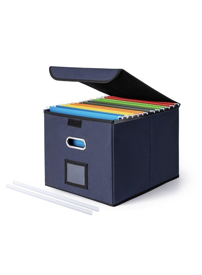 CADONO File Organizer Box with Lid, Large Hanging File Folder Organizer with Plastic Slide, Collapsible Portable Filing Storage Boxes for Office/Decor/Home (Navy Blue, 14.9 x 12.59 x 10.8 inch) - Image 1