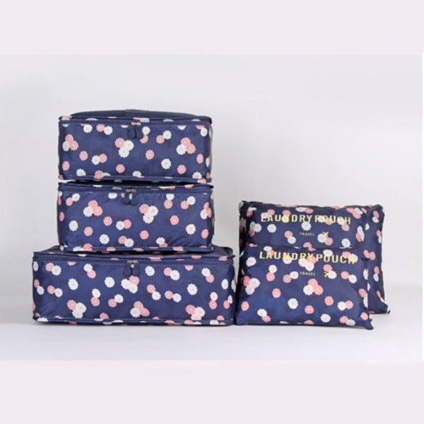 Korean-style Travel Storage Bag Clothes Household 6-piece Storage Bag Underwear Panties Pull Rod Storage Set 6-piece Set Dark blue flowers