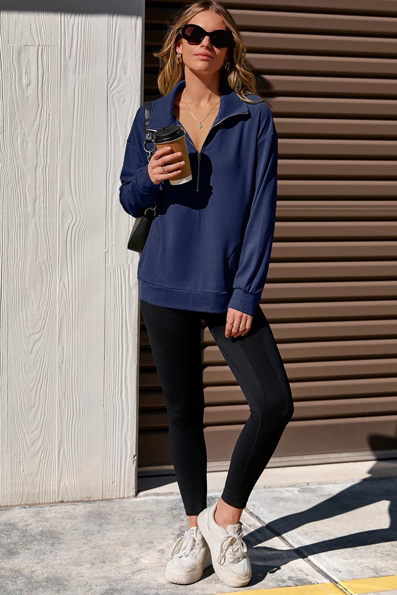 Dokotoo Womens Fall Fashion Outfits Clothes 2025 Pullover Sweatshirt Waffle Knit Thanksgiving Shirts Quarter Zipper V Neck Soft Long Sleeve Sweaters Casual Solid Color Cute Ladies Tops Blue XX-Large - Image 4