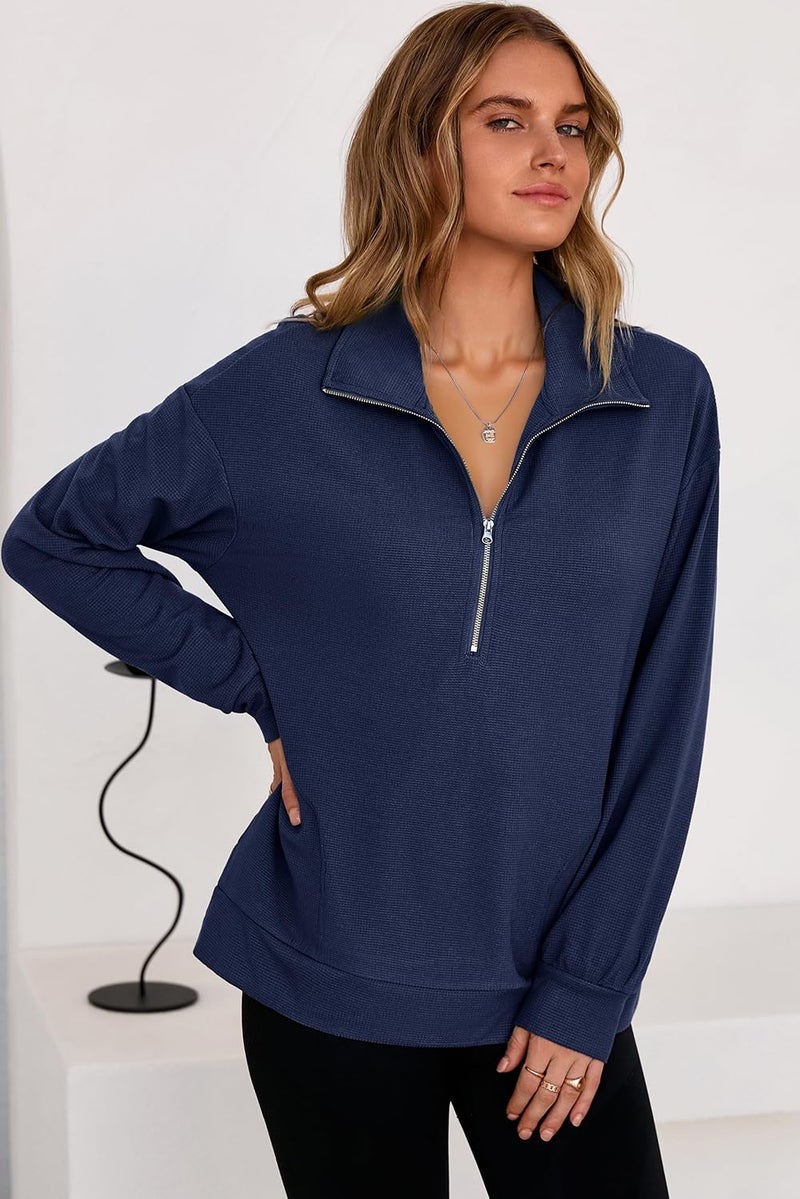 Dokotoo Womens Fall Fashion Outfits Clothes 2025 Pullover Sweatshirt Waffle Knit Thanksgiving Shirts Quarter Zipper V Neck Soft Long Sleeve Sweaters Casual Solid Color Cute Ladies Tops Blue XX-Large - Image 2