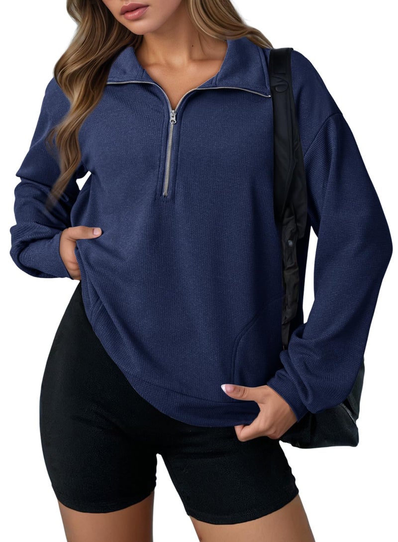 Dokotoo Womens Fall Fashion Outfits Clothes 2025 Pullover Sweatshirt Waffle Knit Thanksgiving Shirts Quarter Zipper V Neck Soft Long Sleeve Sweaters Casual Solid Color Cute Ladies Tops Blue XX-Large - Image 1
