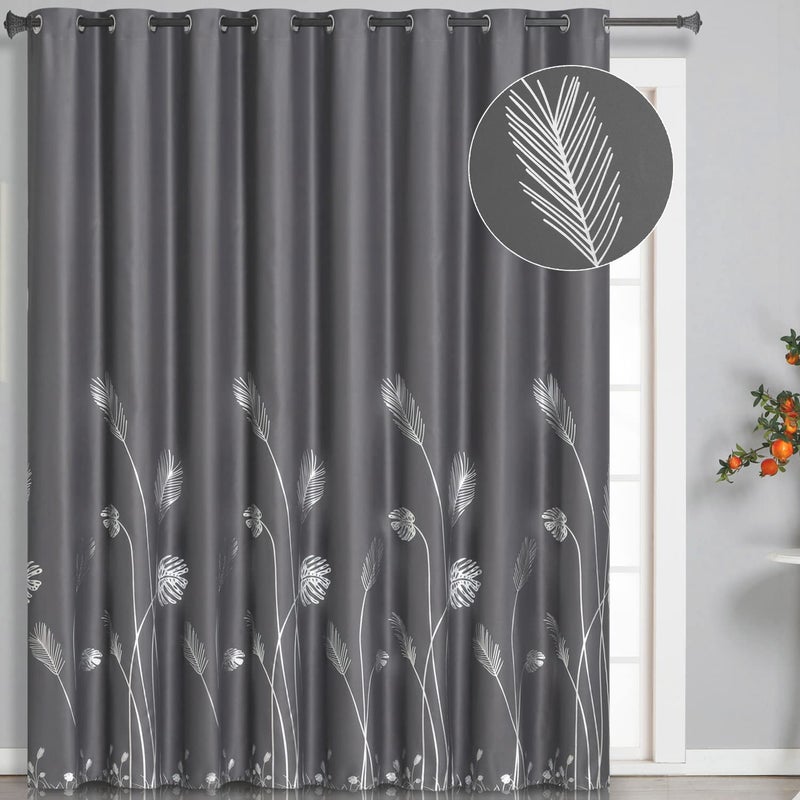 Estelar Textiler Curtain for Sliding Glass Door 100W x 84L Inch Long Elegant Silver Palm Tree Pattern Blackout Curtain Foil Print Drape for Bedroom 83ft Wide x 7ft Long Dark Grey 1 Panel